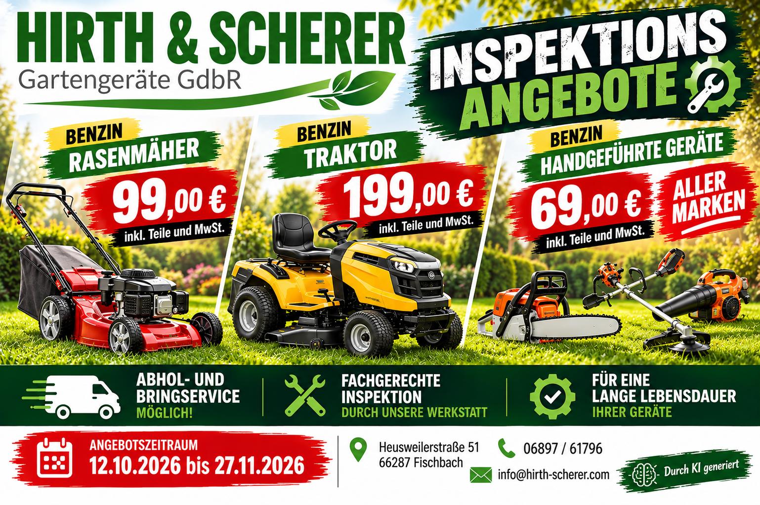 Flyer Inspektionsangebote von Hirth & Scherer: Benzin-Rasenmäher 99,00 €, Benzin-Traktor 199,00 €, handgeführte Benzingeräte 69,00 €, jeweils inklusive Teile und MwSt., alle Marken. Abhol- und Bringservice möglich. Angebotszeitraum 12.10.2026 bis 27.11.2026.